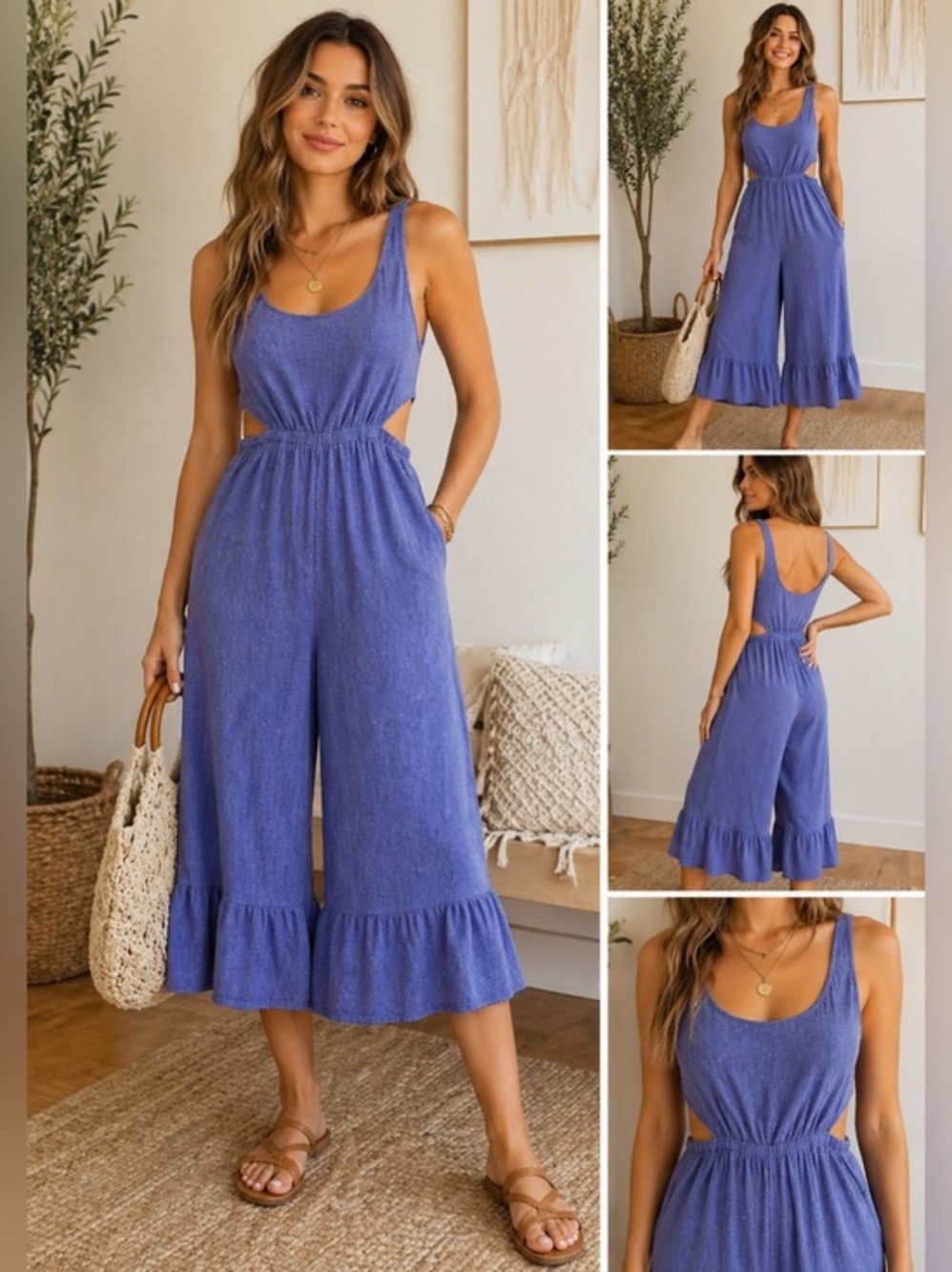 Anthro Style Blue Purple Textured Wide Leg Romper Boho Cutout Jumpsuit Size M